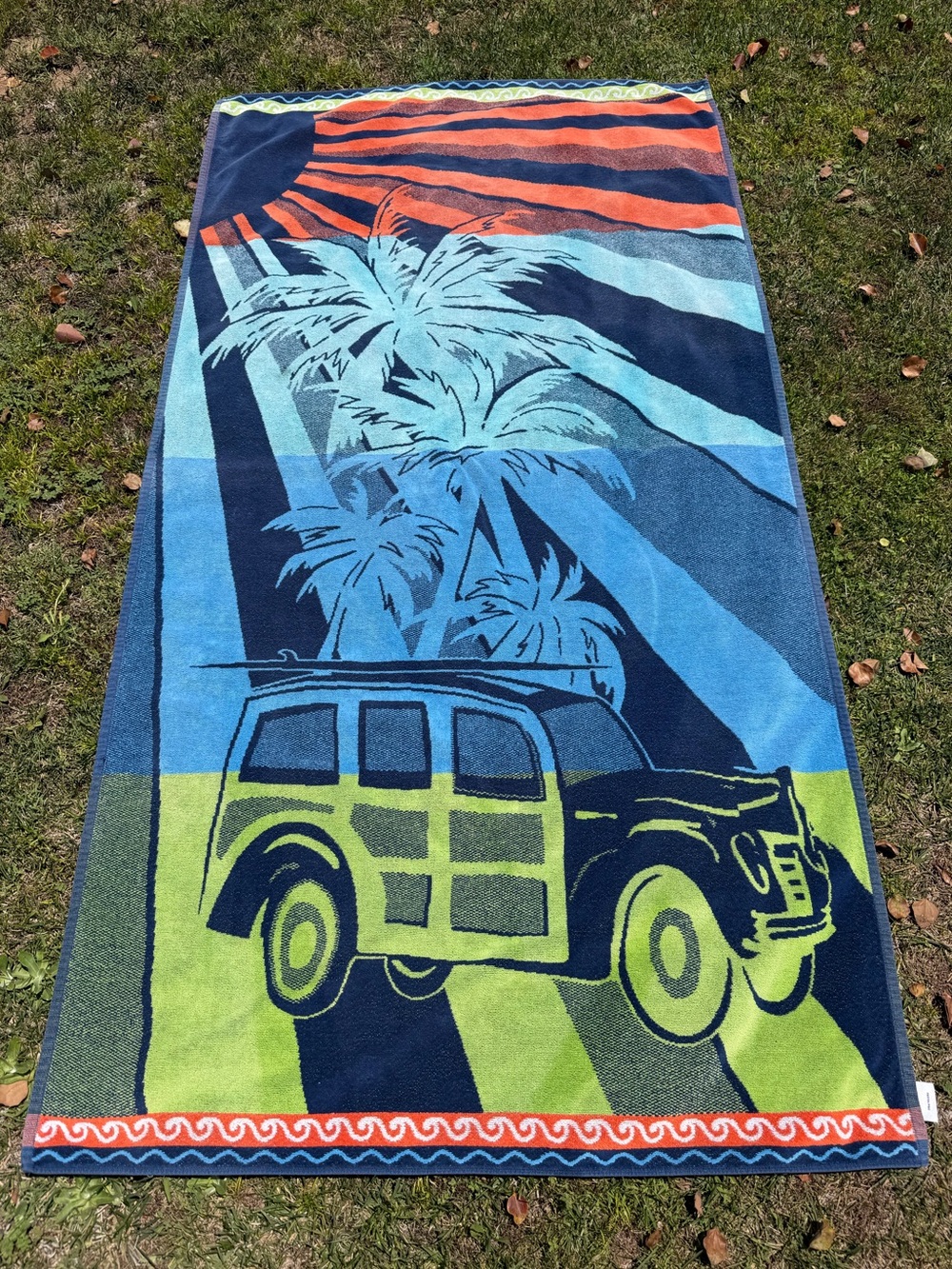 Costco Oversized Beach Towel Woody Palm Trees Surf Sunset 100% Cotton 37x71 GUC